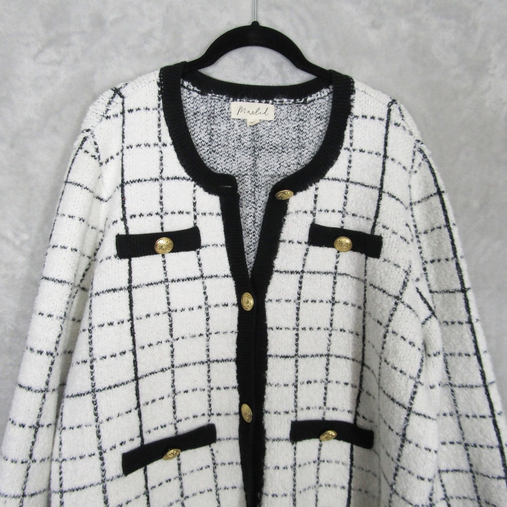 Marled Size XL Boucle Cardigan Jacket Black White Grid Gold Button Fuzzy Soft - Picture 2 of 11